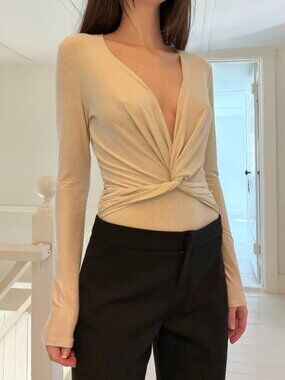 Only Hearts NYC Metallic Long Sleeve Plunge Neck Twist Bodysuit Cream Size S